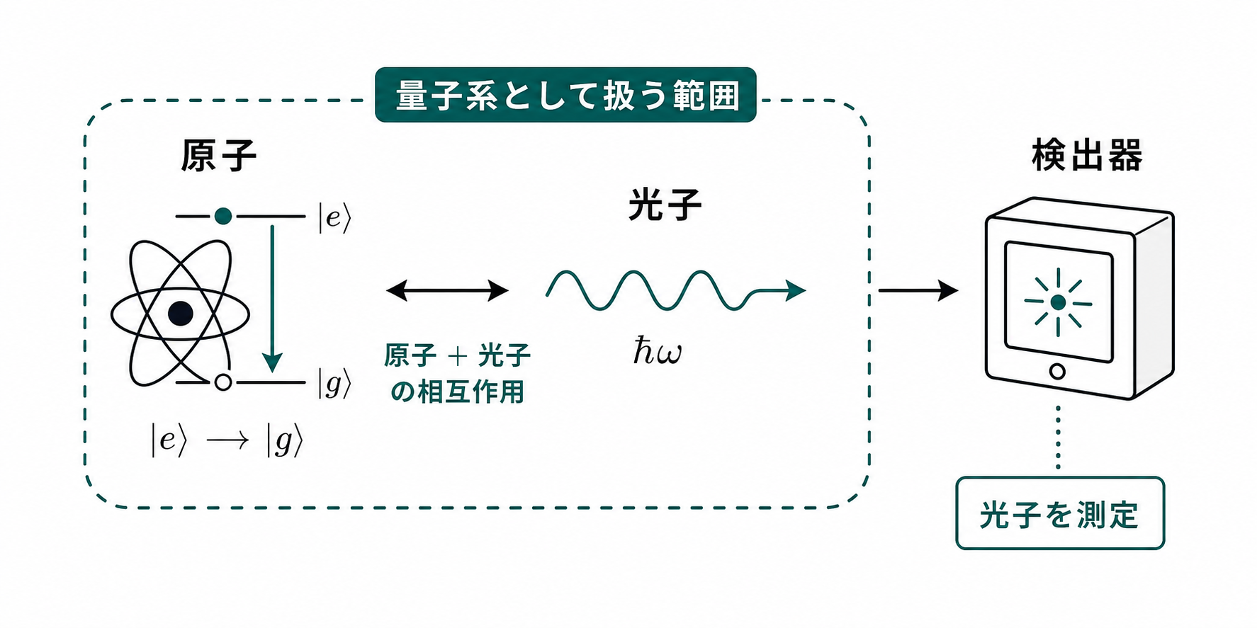 原子と光子を量子系として扱い、放出された光子を検出器で測定する模式図